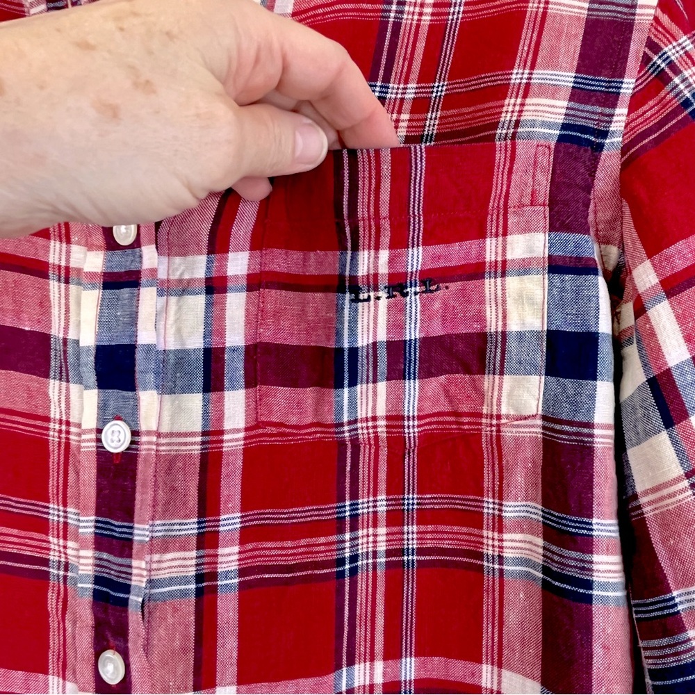 VTG Lauren Ralph Lauren 100% Linen Plaid Button Up Shirt Navy Red Off-White S/M - Picture 7 of 14
